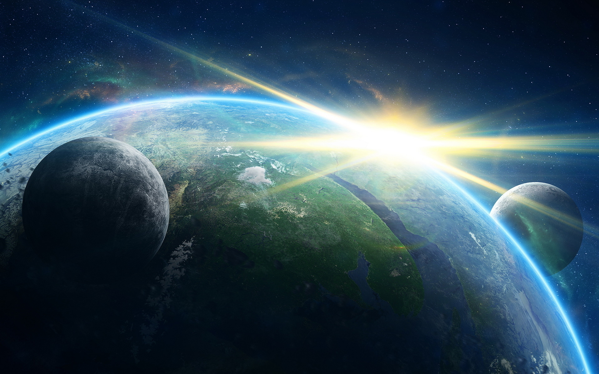 cosmos, Sci fi, Earth, Atmosphere, Moon, Plantets, Star, Sunlight, Sunrise, Sunset Wallpaper