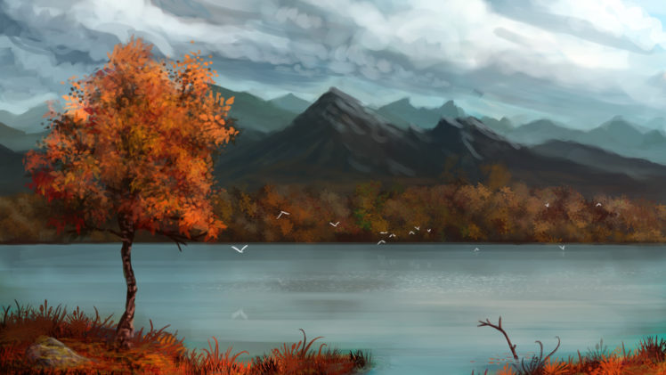 paintings, Art, Landscapes, Lakes, Mountains, Sky, Clouds, Tree, Forest, Autumn, Fall HD Wallpaper Desktop Background