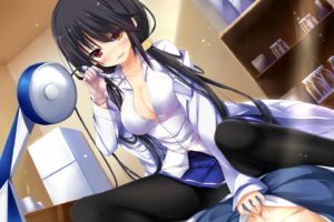 aixioo, Bicolored, Eyes, Black, Hair, Blood, Breasts, Cleavage, Date, A, Live, Gloves, Long, Hair, Open, Shirt, Pantyhose, Red, Eyes, Signed, Skirt, Yellow, Eyes