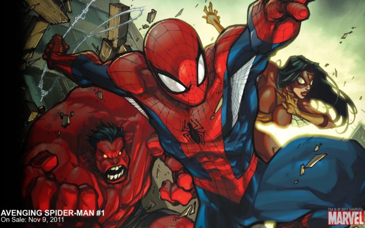avenging, Spider man, Red, Hulk, Spider woman, Marvel, Comics, Spiderman, Spiderwoman HD Wallpaper Desktop Background