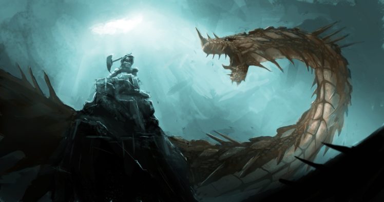 battle, Dragon, Warrior, Axe, Fantasy, Dragons HD Wallpaper Desktop Background