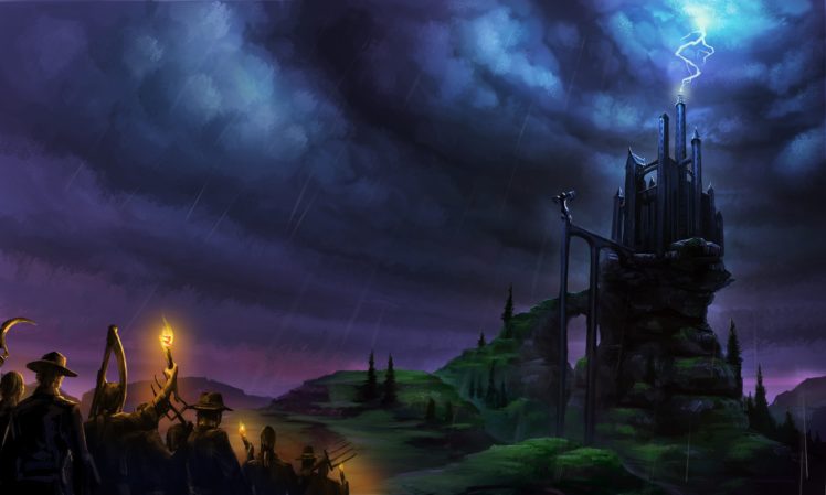 fantastic, World, Castle, Rain, Frankenstein, Lightning, Clouds, Fantasy, Halloween HD Wallpaper Desktop Background