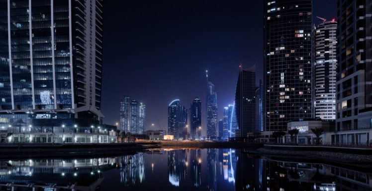 dubai, World, Cities, Architecture, Buildings, Skyscraper, Lakes, Reflection, Night, Lights HD Wallpaper Desktop Background