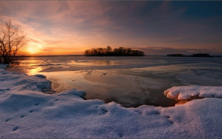 nature, Landscapes, Lake, Ice, Frozen, Shore, Beaches, Islands, Sky, Sunset, Sunrise HD Wallpaper Desktop Background