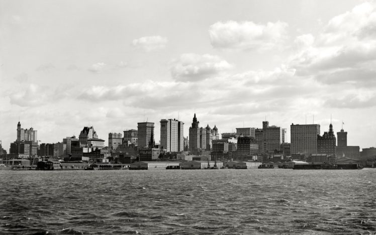 new, York, Nyc, 1901, World, Cities, Architecture, Buildings, Skyscrapers, Sky, Clouds, Bay, Rivers, Water, Black, White HD Wallpaper Desktop Background
