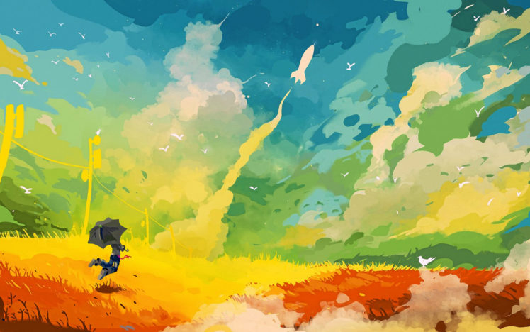 umbrella, Rocket, Field, Abstract, Drawing, Fantasy, Color, Sc fi, Birds, Landscapes HD Wallpaper Desktop Background