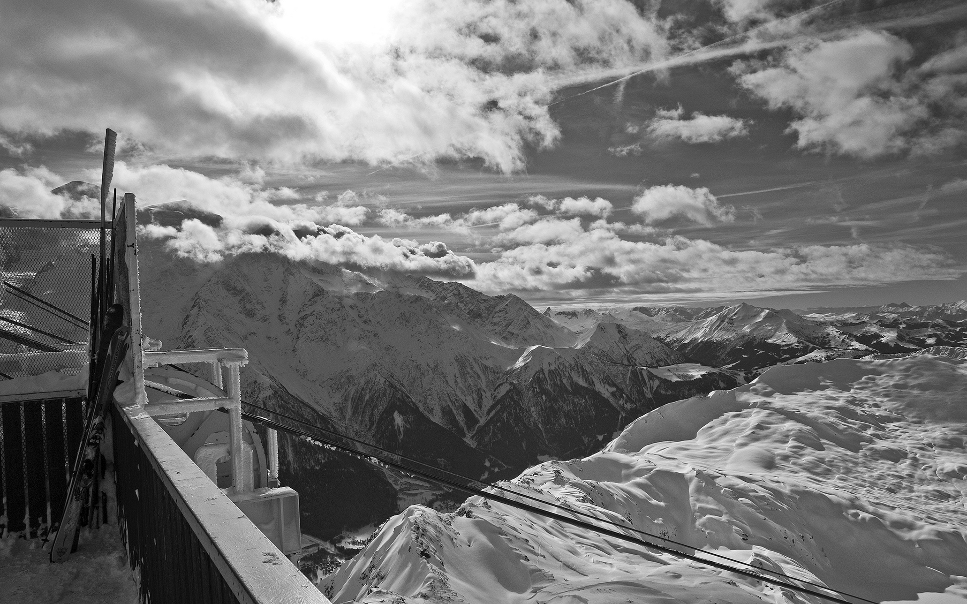 black, White, Nature, Landscapes, Mountains, Snow, Sky, Clouds, Architecture, Monochrome, Sunlight Wallpaper