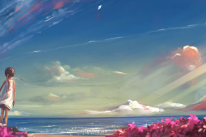 anime, Drawing, Clouds, Kite, Ocean, Beach, Child, Original, Sky, Flowers, Girl