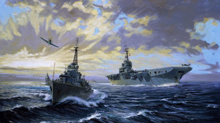 art, Painting, Military, Navy, Weapons, Vehicles, Ships, Boats, Ocean, Sea, Sky, Clouds, Aircraft, Airplane, Battle, War, Fighter HD Wallpaper Desktop Background