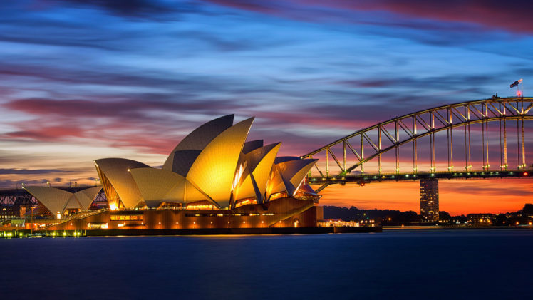 australia, Sydney, Opera, House, Architecture, Buildings, Bridges, Night, Lights, Sunset, Sunrise, Cities, Sky, Clouds, Roads HD Wallpaper Desktop Background