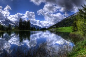 french, Alps, Nature, Landscapes, Lakes, Reflection, Water, Shore, Trees, Sky, Clouds, Hdr