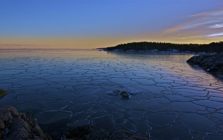 ice, Nature, Landscapes, Lakes, Reflection, Shore, Winter, Snow, Sky, Clouds, Sunset, Sunrise HD Wallpaper Desktop Background