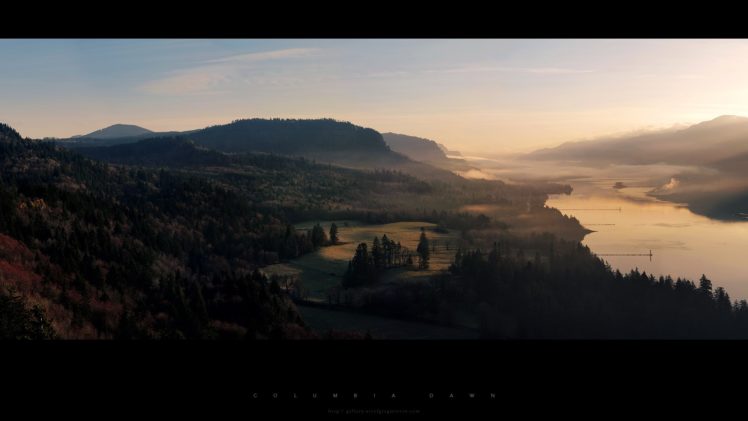 dawn, Nature, Landscapes, Rivers, Gorge, Mountains, Trees, Woods, Forest, Fog, Sky, Sunset, Sunrise HD Wallpaper Desktop Background