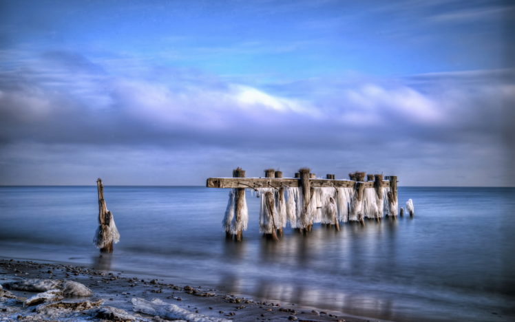 dock, Pier, Decay, Ruins, Nature, Ocean, Sea, Beaches, Winter, Ice, Hdr, Sky, Clouds HD Wallpaper Desktop Background
