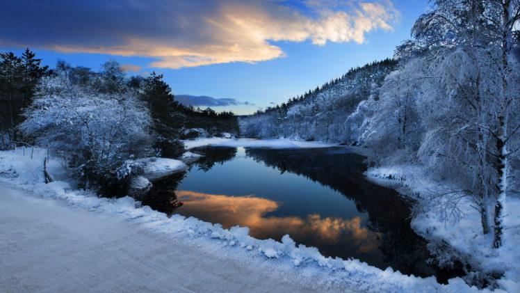 nature, Landscapes, Winter, Snow, Rivers, Trees, Forest, Roads, Reflection, Water, Sunset, Sunrise HD Wallpaper Desktop Background