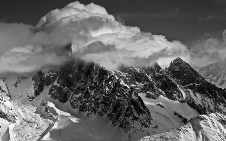peaks, Nature, Landscapes, Mountains, Snow, Winter, Sky, Clouds, Bw, Black, White, Monochrome HD Wallpaper Desktop Background