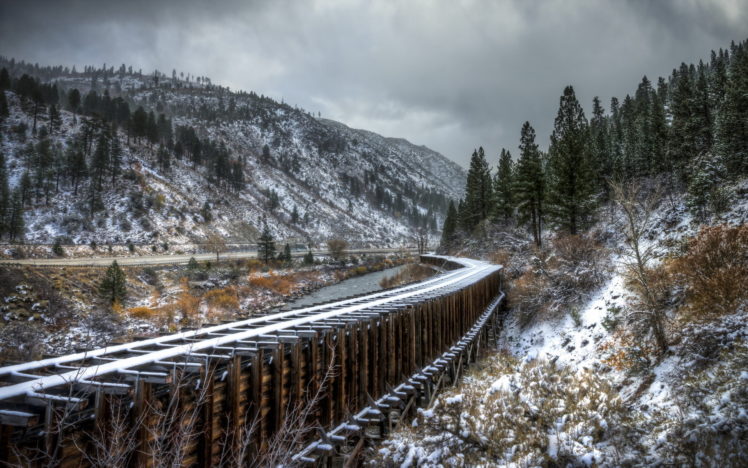 railroad, Railway, Train, Tracks, Bridges, Architecture, Nature, Landscapes, Trees, Winter, Snow, Sky, Clouds, Roads HD Wallpaper Desktop Background