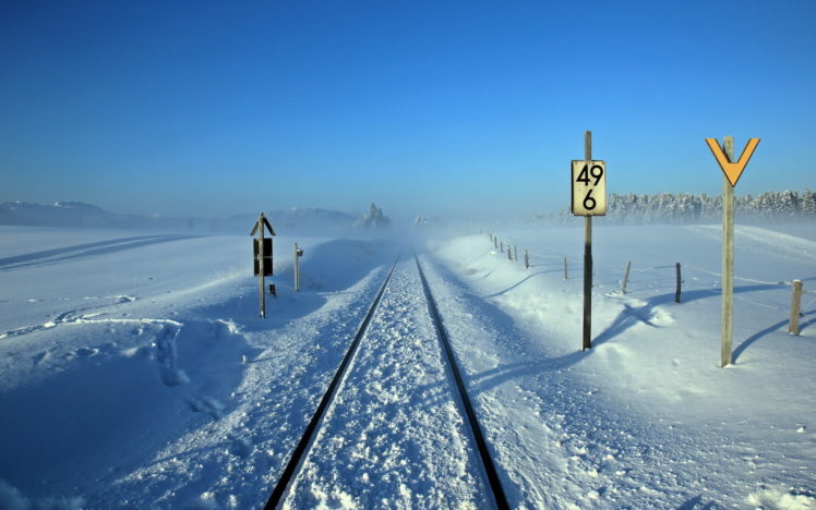 winter, Snow, Nature, Landscapes, Railroad, Traintracks, Sign, Sky, Fog HD Wallpaper Desktop Background