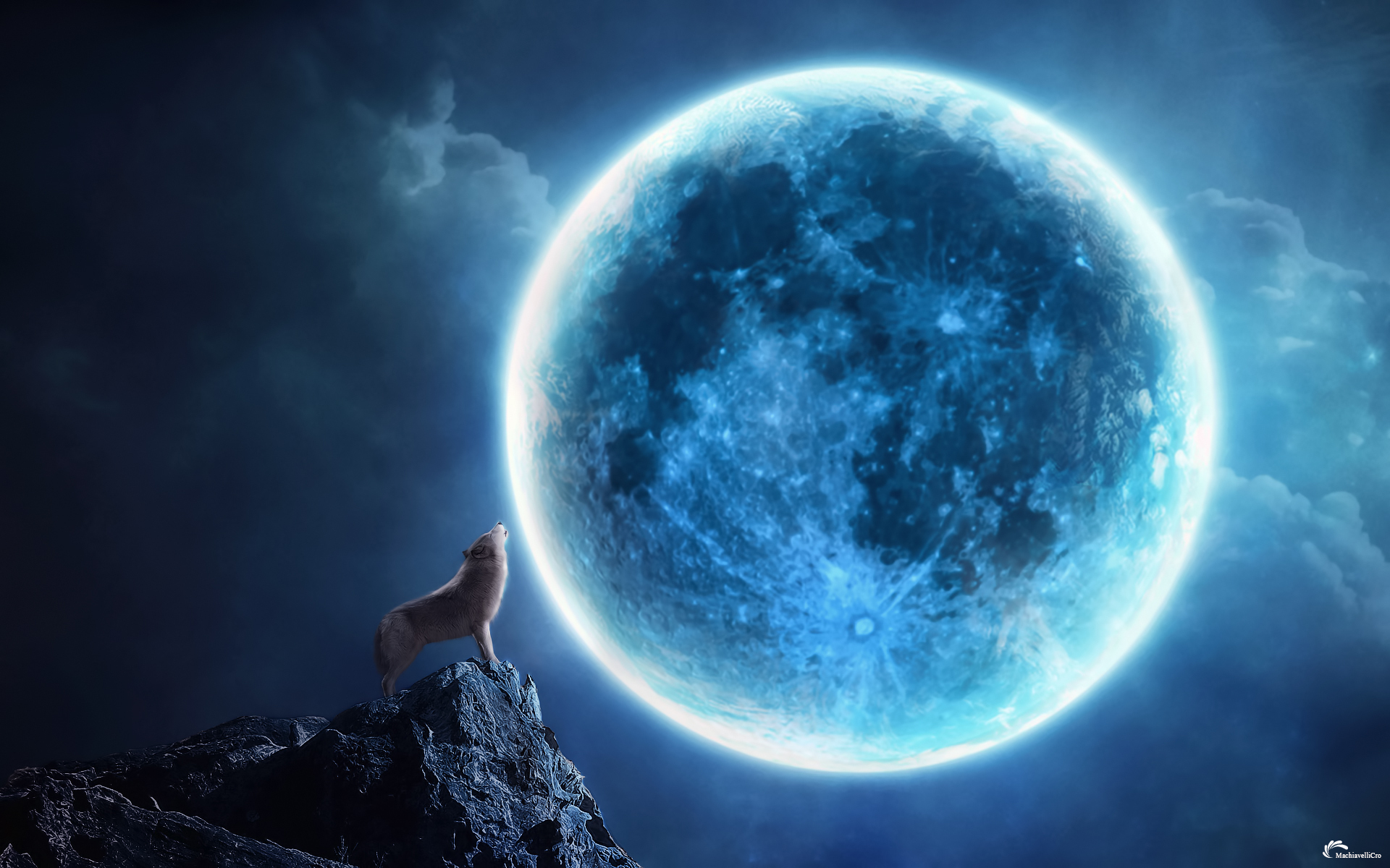howling, Cg, Digtal, Art, Fantasy, Animals, Dogs, Wolves, Wolf, Landscapes, Night, Moonlight, Moon, Sky, Clouds, Magic, Mood Wallpaper