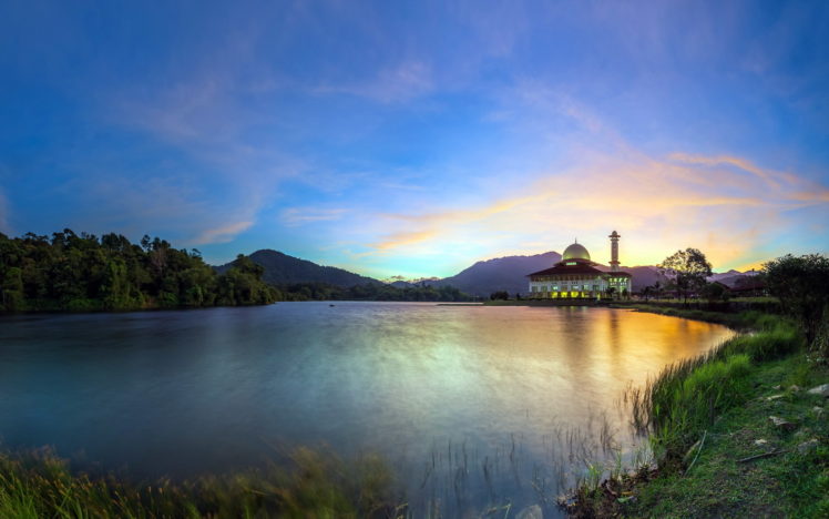 malaysia, Selangor, Kuala, Kubu, Baru, Rivers, Lakes, Reflection, Sunset, Sunrise, Sky, Clouds, Mountains, Hills, Trees, Shore, Architecture, Buildings, Temple, Church HD Wallpaper Desktop Background