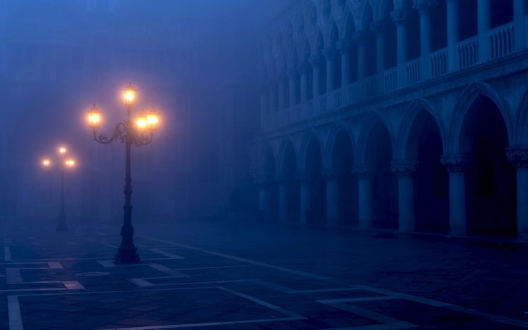 venice, Italy, Piazza, San, Marco, Night, Fog, Lamp, Post, Lights, Bulbs, Architecture, Buildings, Evening HD Wallpaper Desktop Background