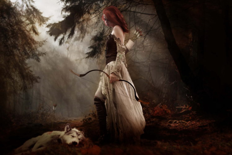fantasy, Cg, Digital, Art, Manipulation, Mood, Women, Females, Girls, Redheads, Babes, Gothic, Weapons, Bow, Arcger, Gown, Nature, Trees, Forest, Woods, Fog, Animals, Wolf, Wolves HD Wallpaper Desktop Background