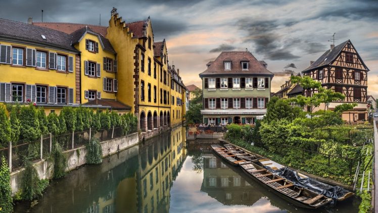 colmar, France, Town, Village, Architecture, Houses, Buildings, Hdr, Canal, Waterway, Water, Reflection, Sky, Clouds HD Wallpaper Desktop Background