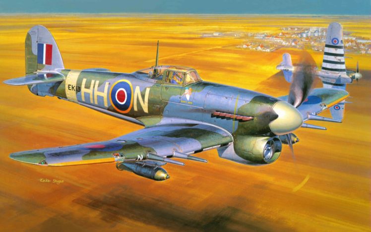 hawker, Typhoon, Fighters, Airplane, Corps, Military, Flight, Art, Paintings, Landscapes, Weapons, Guns, Cannon HD Wallpaper Desktop Background
