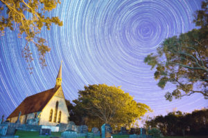 stars, Timelapse, Building, Night, Cemetery, Church, Cathedral, Tombstones, Trees, Sky