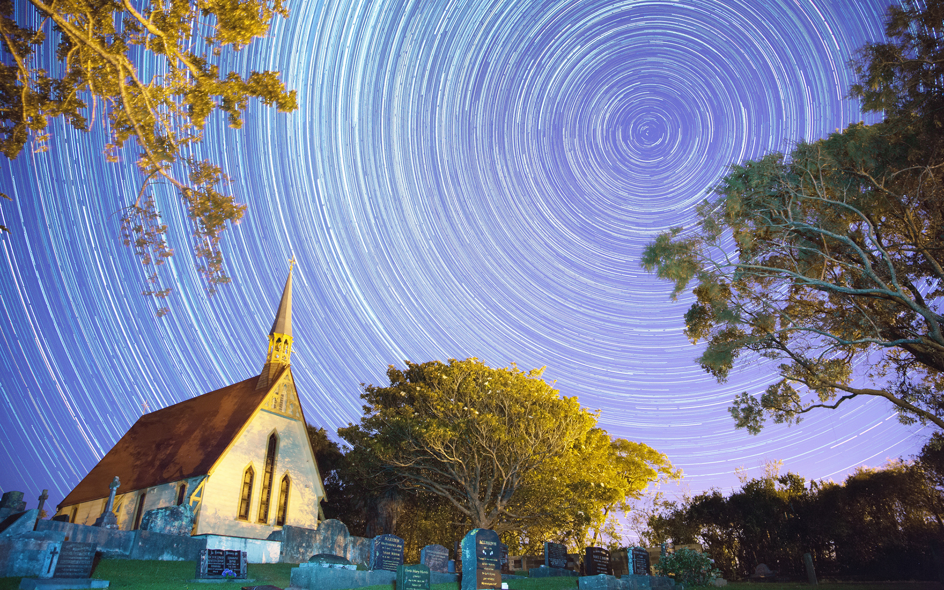 stars, Timelapse, Building, Night, Cemetery, Church, Cathedral, Tombstones, Trees, Sky Wallpaper