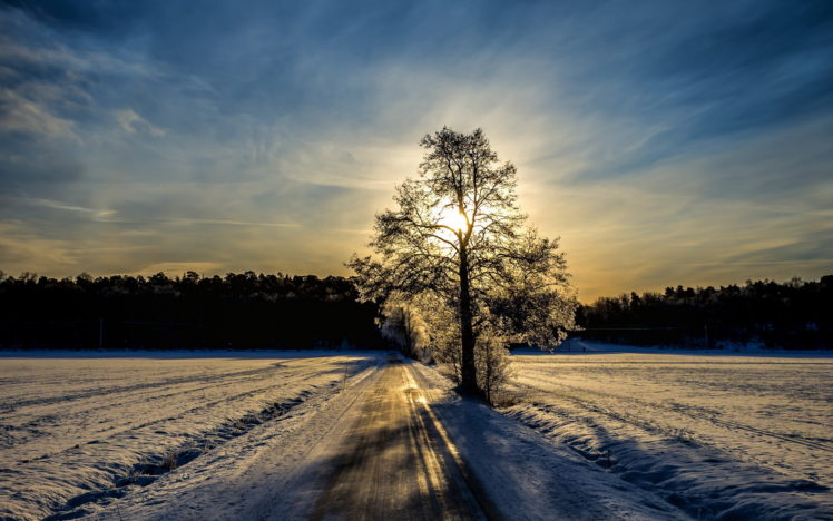 frost, Nature, Landscapes, Roads, Winter, Snow, Trees, Sky, Clouds, Sunset, Sunrise, Reflection HD Wallpaper Desktop Background