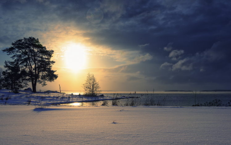 lakes, Nature, Landscapes, Snow, Trees, Reflection, Sky, Clouds, Sunrise, Sunset HD Wallpaper Desktop Background
