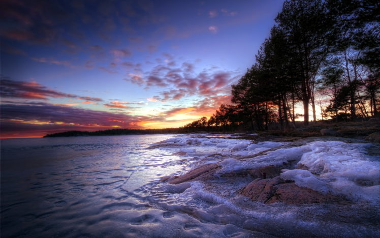 shore, Beaches, Nature, Landscapes, Ice, Frozen, Lakes, Trees, Sky, Clouds, Sunrise, Sunset HD Wallpaper Desktop Background