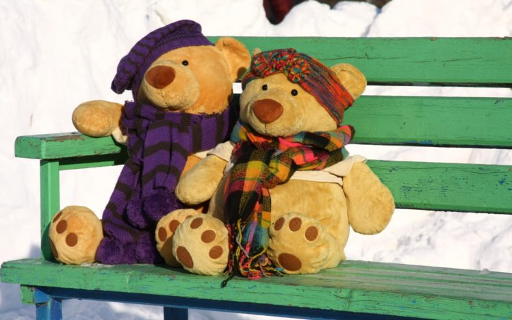 teddy, Bear, Love, Romance, Mood, Toys, Cute, Winter, Bench, Snow HD Wallpaper Desktop Background