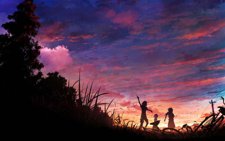 original, Anime, Sunset, Clouds, Silhouette HD Wallpaper Desktop Background