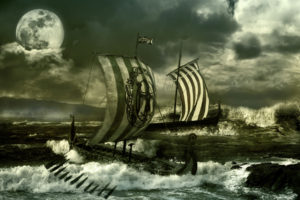ocean, Sea, Water, Waves, Storm, Sailing, Ships, Boats, Vikings, Fantasy, Manipulations, Cg, Digital, Art