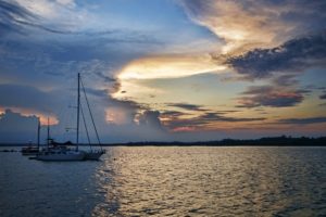 lake, Clouds, Boats, Sunset, Evening