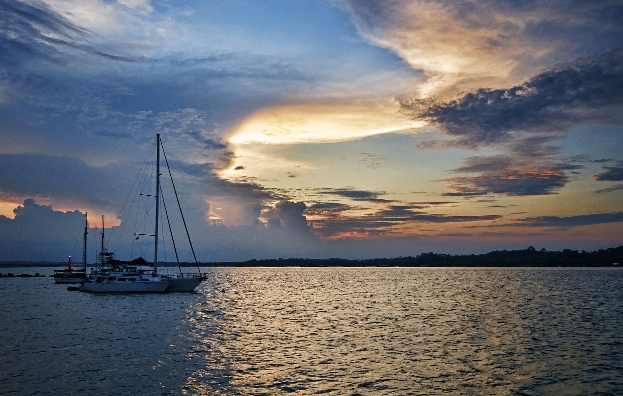 lake, Clouds, Boats, Sunset, Evening Wallpaper