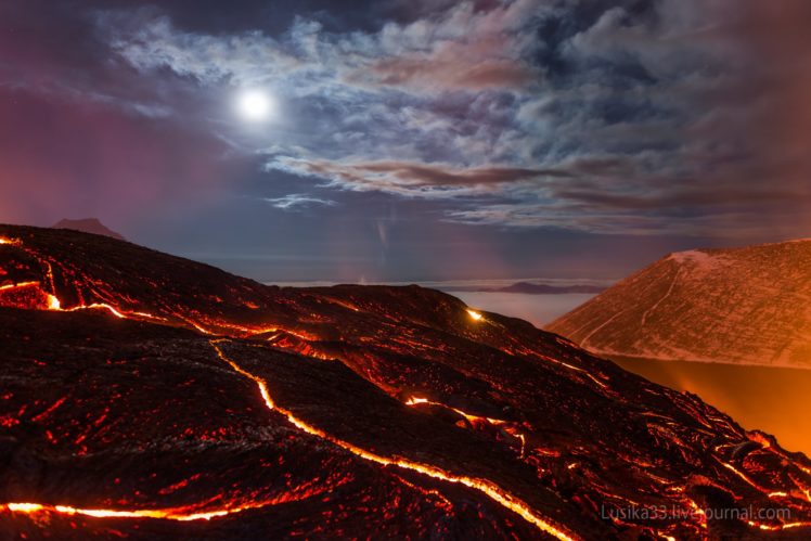 lava, Kamchatka, Night, Tolbachik, Volcano HD Wallpaper Desktop Background