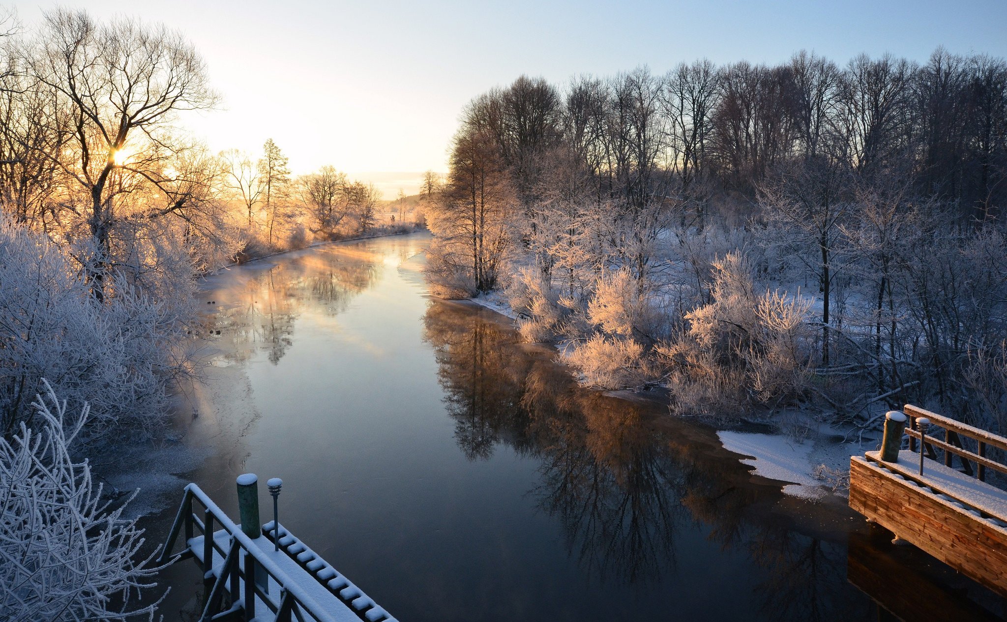 morning, Winter, River, Sweden Wallpaper