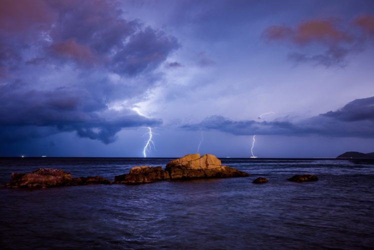 night, Lightning, Landscape, Sea HD Wallpaper Desktop Background