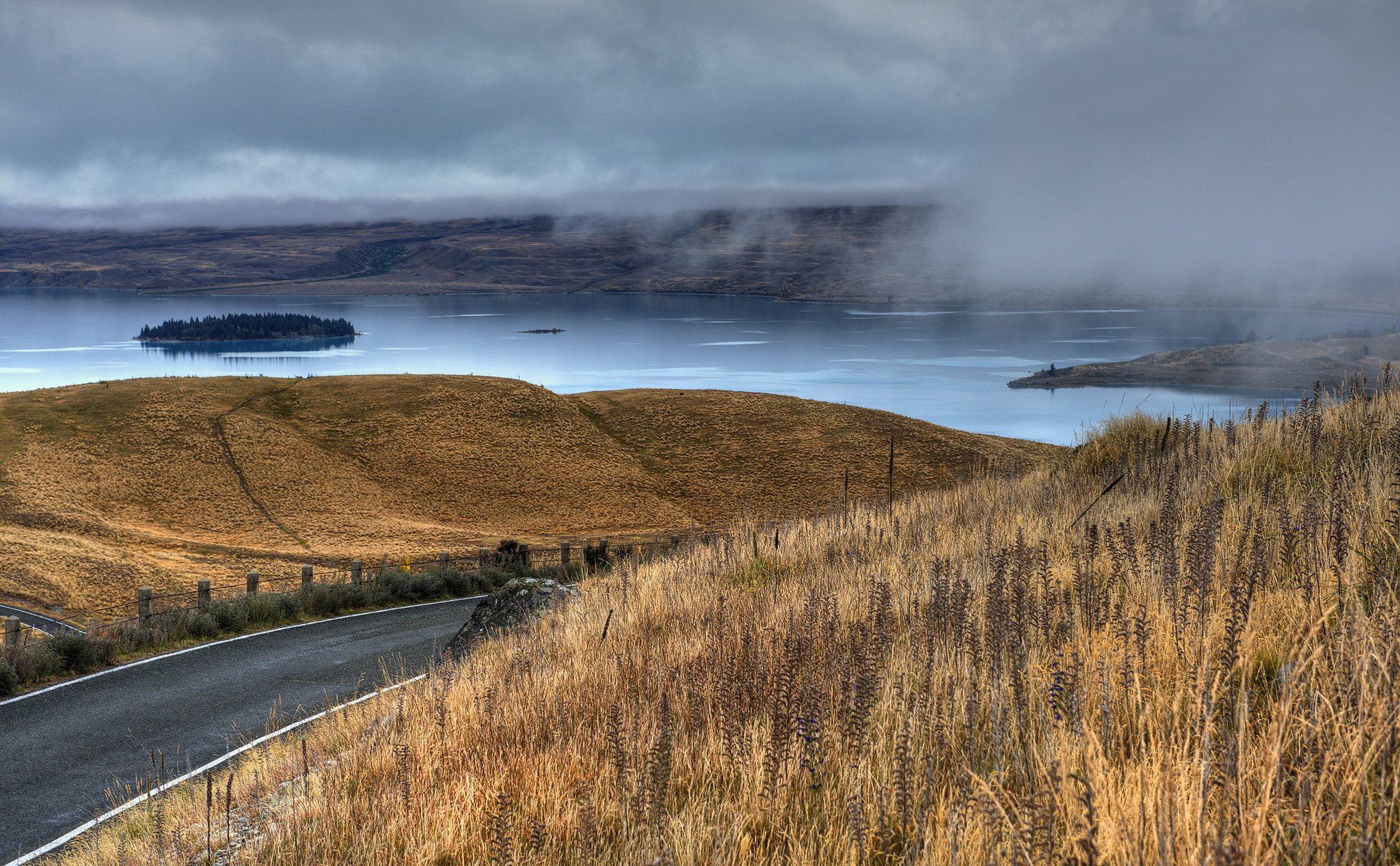 road, Lake, Fog, Island Wallpaper