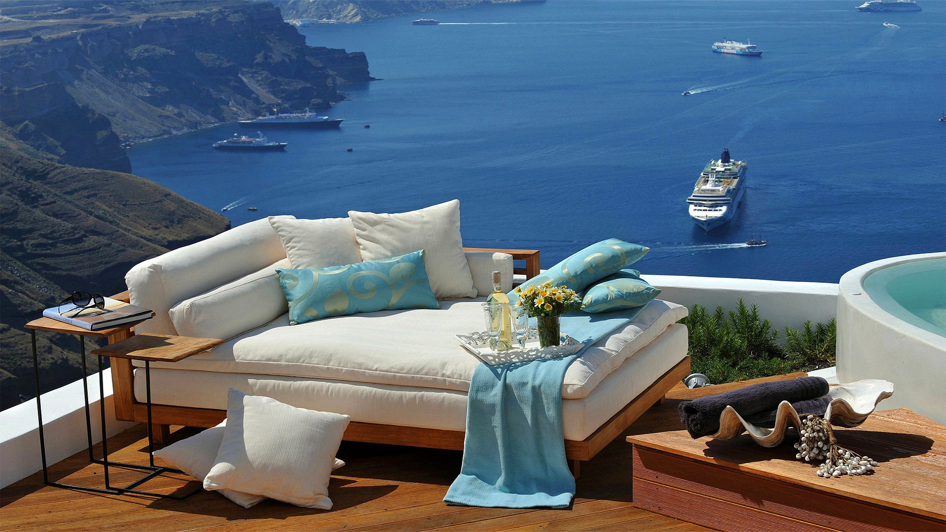 sofa, Ship, Sea, Greece, Ship, Design Wallpaper