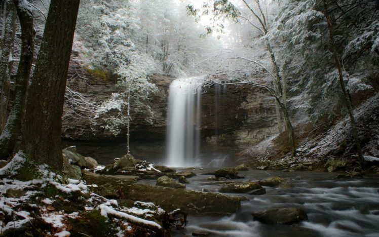 stream, Snow, Forest, River, Winter, Waterfall HD Wallpaper Desktop Background