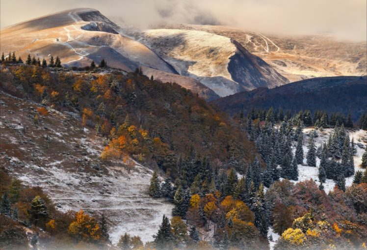 trees, Clouds, Mountains, Forest, Snow, Autumn HD Wallpaper Desktop Background