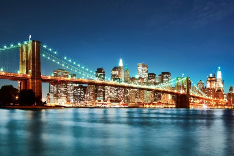 usa, River, Bridge, Skyscraper, New, York, City, Night, Fairy, Lights, Cities HD Wallpaper Desktop Background