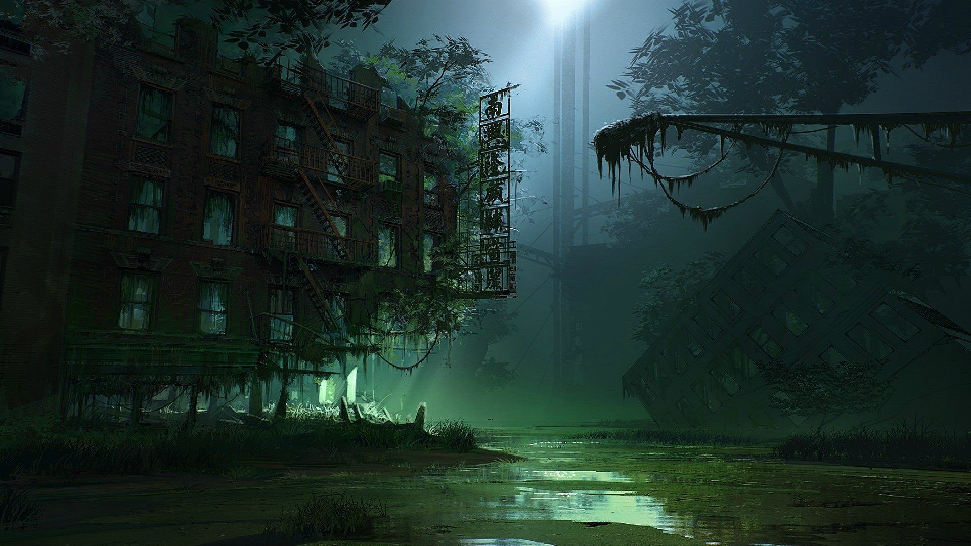 asianapocalypse, Night, Overgrowth, Abandon, Deserted, Dilapidated Wallpaper