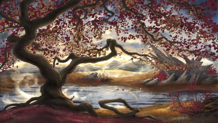 art, Painting, Landscape, River, Rocks, Mountains, Trees, Leaves, Roots HD Wallpaper Desktop Background