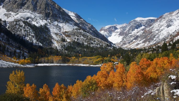 mountains, Snow, Lake, Trees, Foliage, Autumn HD Wallpaper Desktop Background