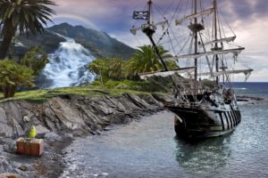 sea, Ship, Rocks, Chest, Parrot, Pirate, Waterfall, Fantasy